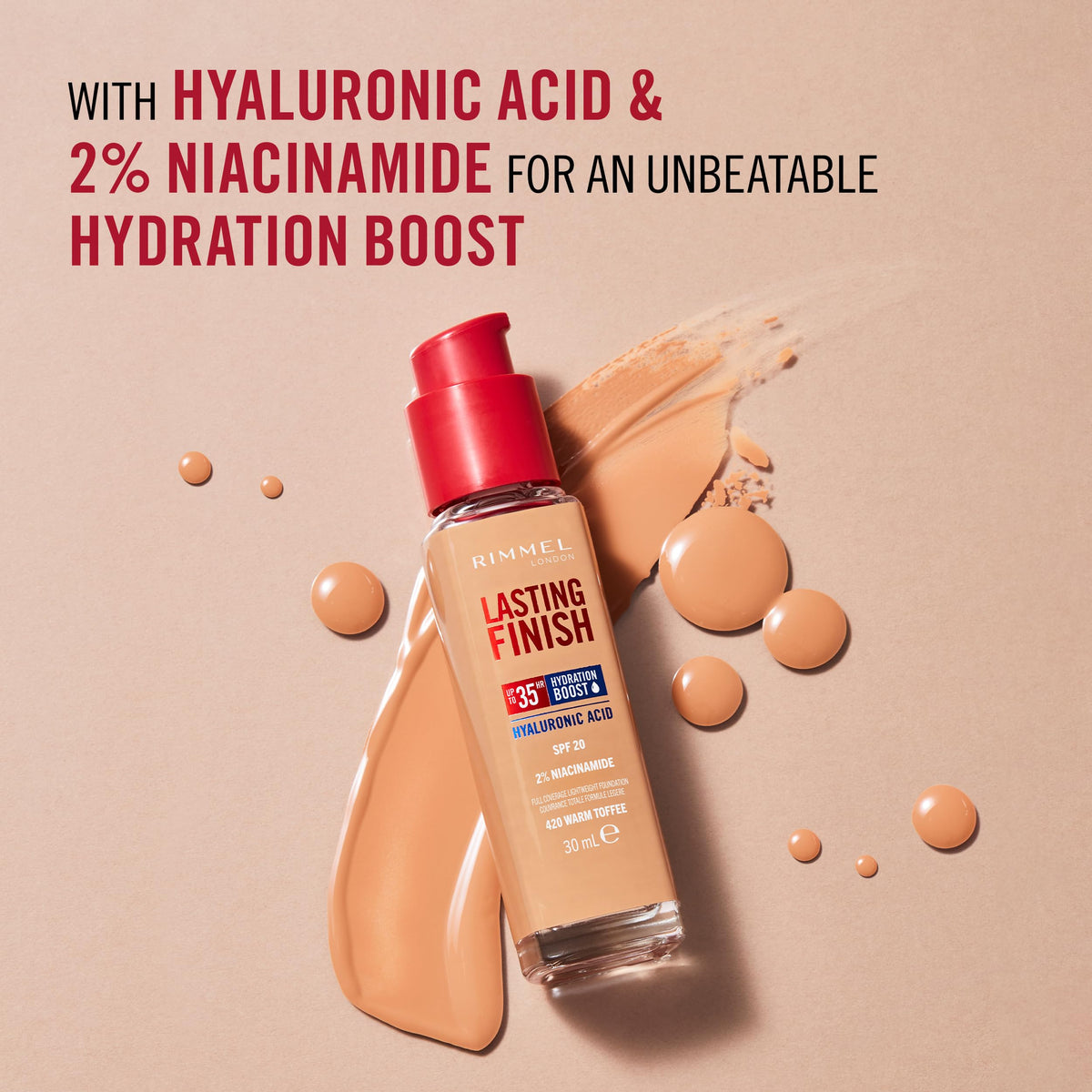 Rimmel Lasting Finish 35Hr Foundation 300 Sand, Full Coverage, Hydrating, SPF20, Hyaluronic Acid, Vitamin E, 2% Niacinamide, All Day Wear, Vegan, Cruelty Free