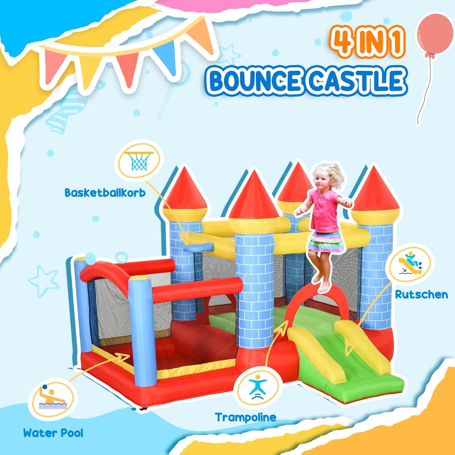 Outsunny 4-in-1 Kids Bouncy Castle with Slide, Pool, Trampoline & Basketball Hoop — Ages 3-8