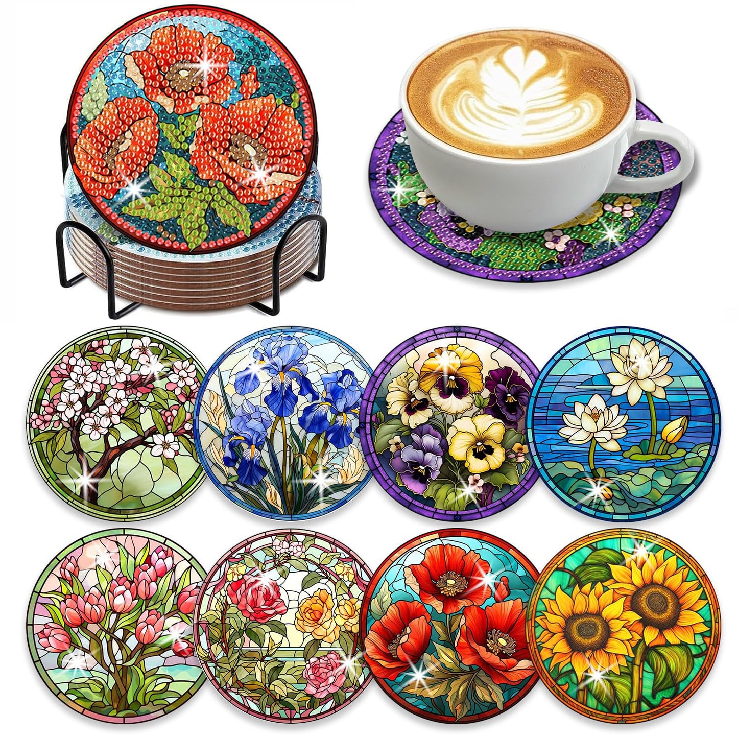 8 Pcs Flowers Diamond Art Coasters Kits for Adults Begainners,Full Drill Diamond Painting Coasters Kit with Holder,DIY Gem Painting Craft Kits for Adults Supplies Gift (Flowers).