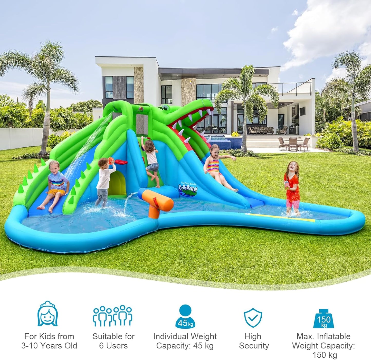 COSTWAY Giant Inflatable Water Park with Dual Slides, Climbing Wall & Pool — 558x504cm | Ages 3-12