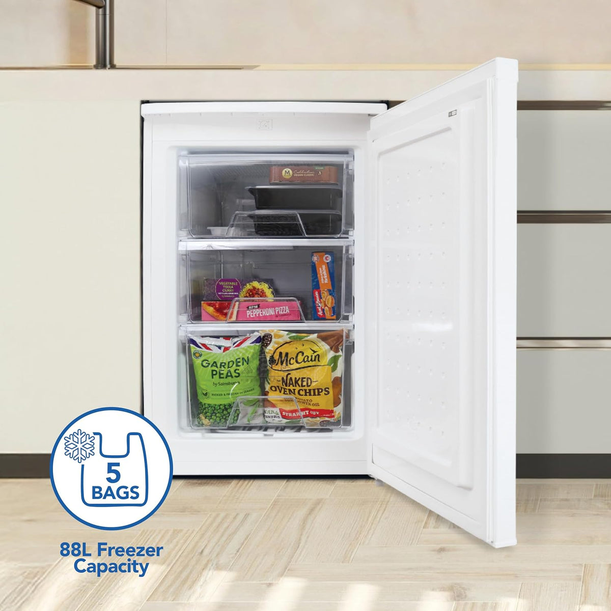 Igenix IG355B Freestanding Under Counter Freezer with 3 Large Drawers, Reversible Door, 88 Litre Freezer Capacity, 55 cm Wide, Black