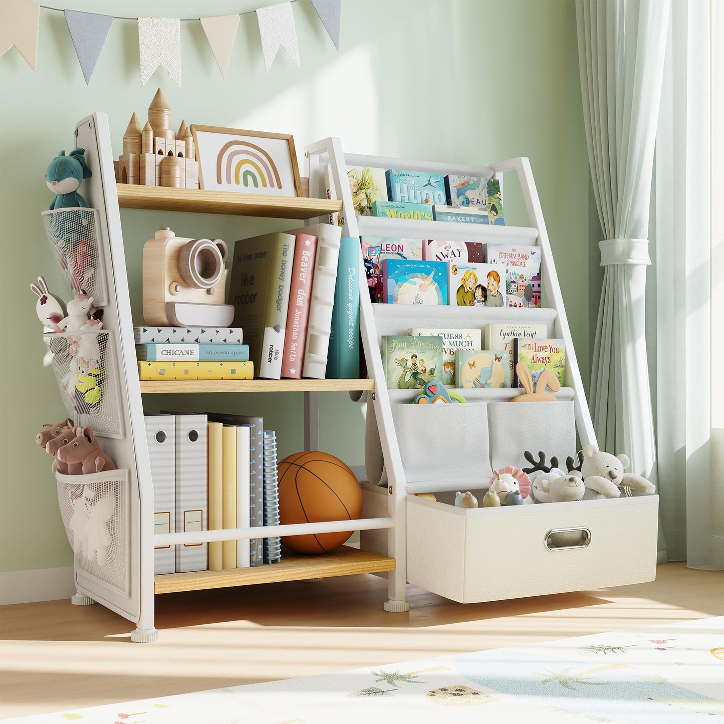 GoTiling Kids Bookshelf and Toy Storage Organizer: 3-Tier Sling Book Shelf with 3 Side Pockets for Kids Room - Toy Storage Organizer with 2 Fabric Drawers for Nursery, Bedroom, Playroom