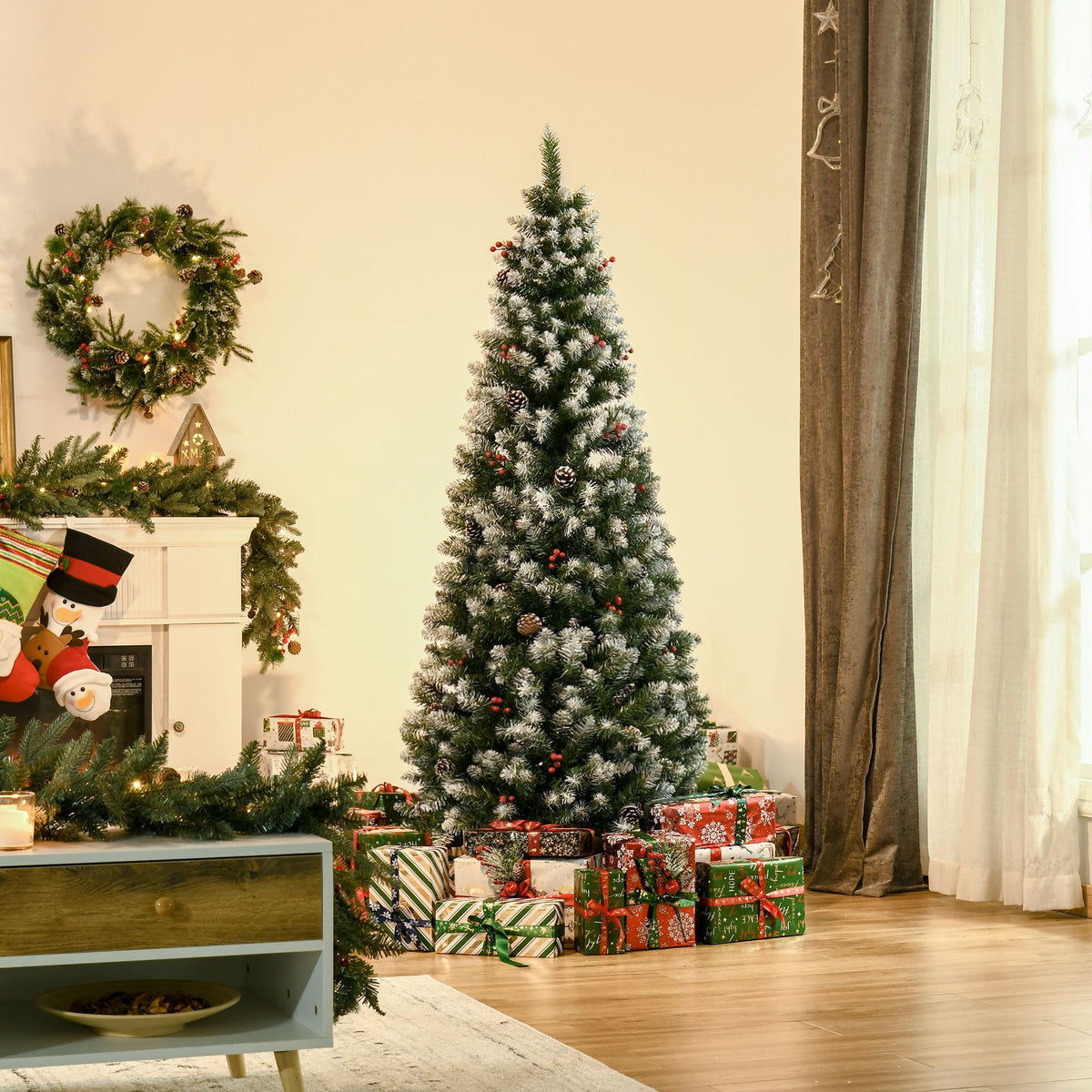 HOMCOM 5FT Artificial Christmas Tree Xmas Pencil Tree Red Berries Green