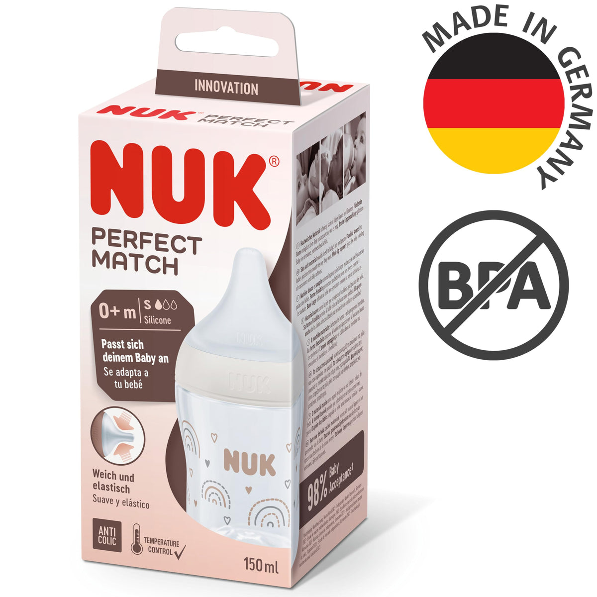 NUK Perfect Match Newborn Baby Bottle Set | 0+ Months | 150ml | Anti Colic Feeding Bottle | PP | Temperature Control Indicator | Rainbow | 4 Count