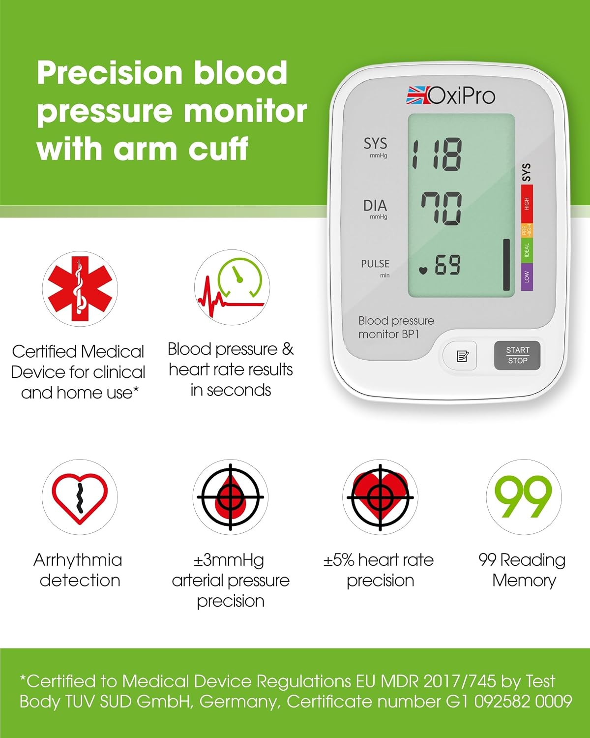 OxiPro BP1 Blood Pressure Monitors - Health & Pharma Recommended - BP Blood Pressure Machines for Home Use with Heart Rate Monitor & Large Cuff - Blood Pressure Monitors, White