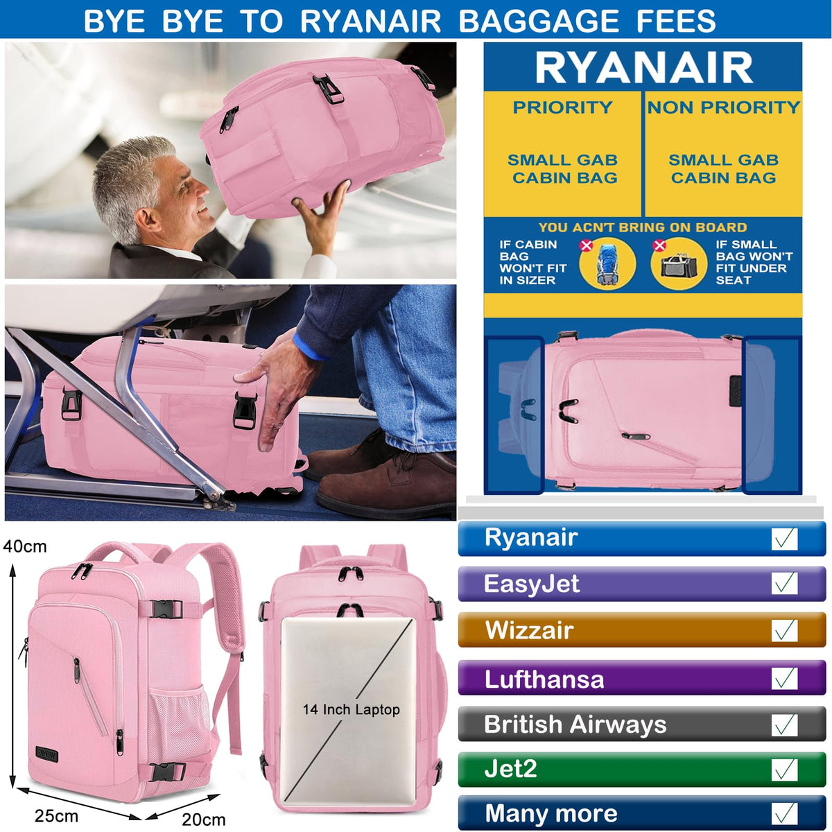 Ryanair Cabin Bags 40x30x20 Underseat 24L Small Travel Backpack Cabin Size