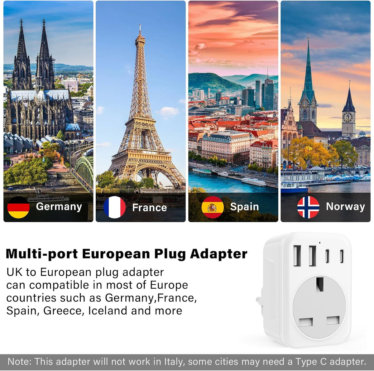 UK To European Plug Adapter,5 IN 1 European Travel Adaptor with 2 USB C & 2 USB A,Grounded EU Plug Adapter for Germany Spain France Turkey Greece etc (Type E/F)