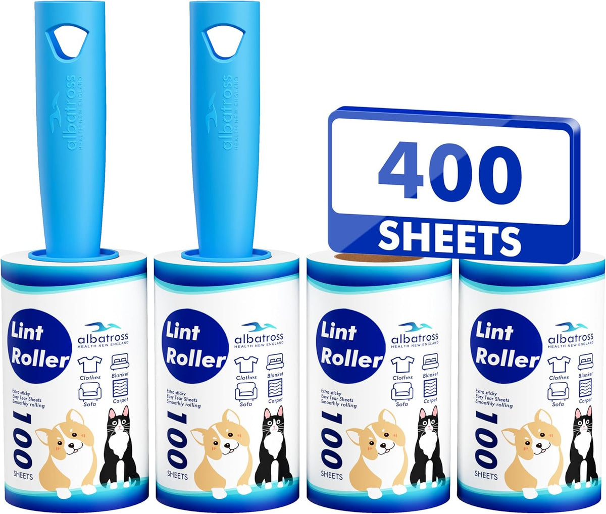 Lint Rollers 400 Sheets Lint Remover for Pet Hair, Couch, Clothes Furniture, and Carpet, 2 Handles, 4 Rolls(100 Sheets Per Roll)
