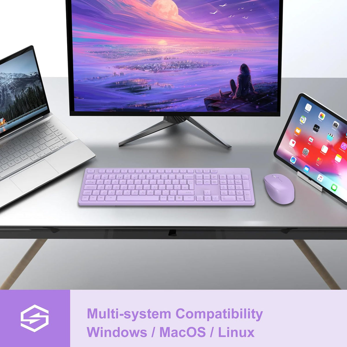 LeadsaiL Wireless Keyboard and Mouse Set, 2.4GHz USB Computer Keyboards and Mouse Combo, Full Size UK QWERTY Layout, Ergonomic Design with 12 Multimedia Shortcuts for HP/Lenovo Laptop and Mac-Purple