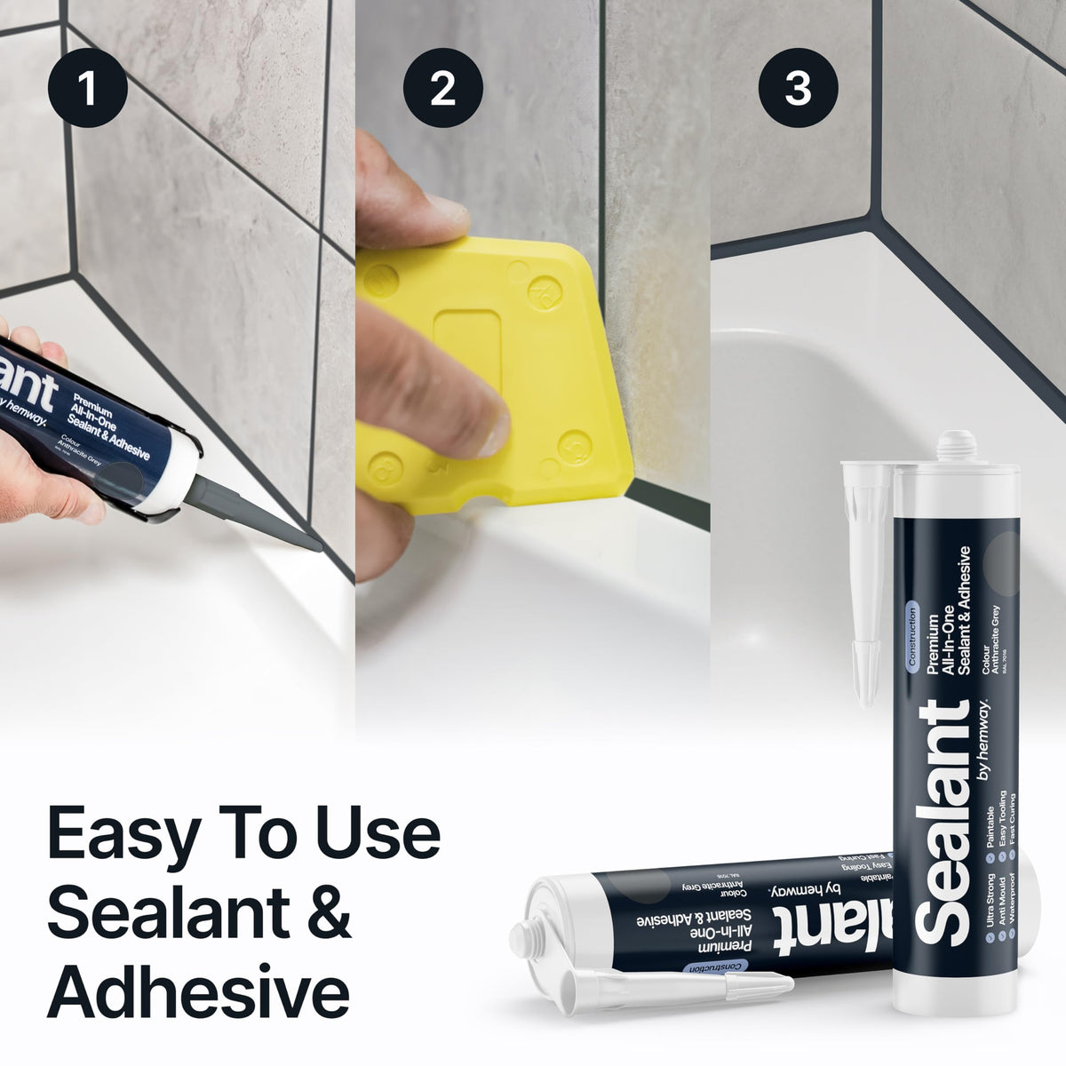 Hemway Kitchen & Bathroom Crystal Clear Sealant & Adhesive 300ml 3 Pack