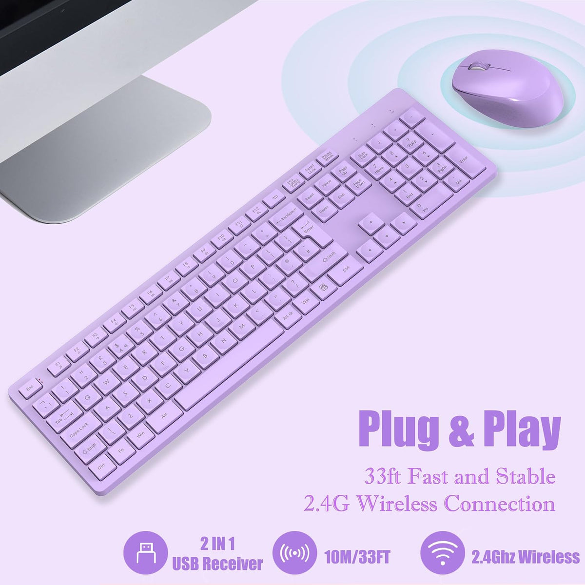 LeadsaiL Wireless Keyboard and Mouse Set, 2.4GHz USB Computer Keyboards and Mouse Combo, Full Size UK QWERTY Layout, Ergonomic Design with 12 Multimedia Shortcuts for HP/Lenovo Laptop and Mac-Purple