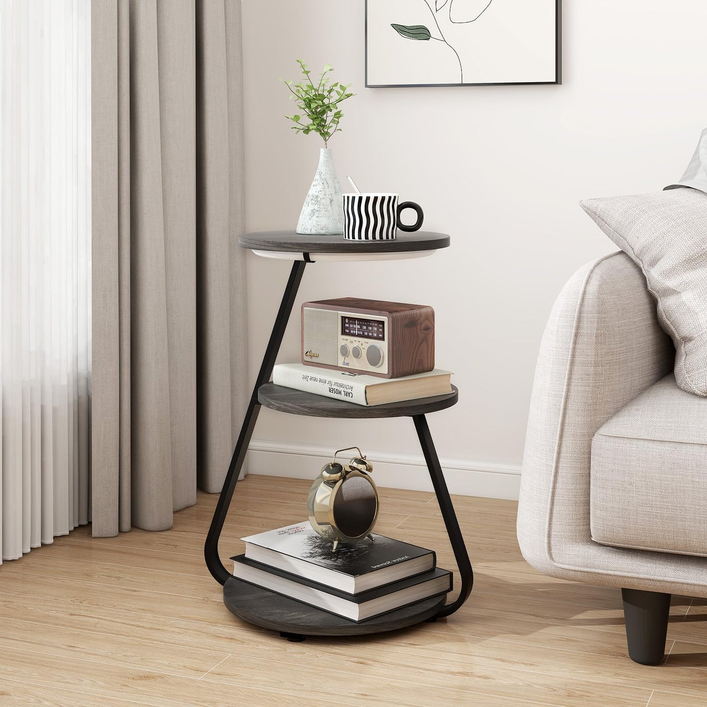 ARTETHYS Side Table, Small Round Coffee Table with 3 Color LED Lights, End Table with 3 Tier Storage Shelves, Bedside Sofa Side Tables for Living Room Bedroom, Rustic Brown