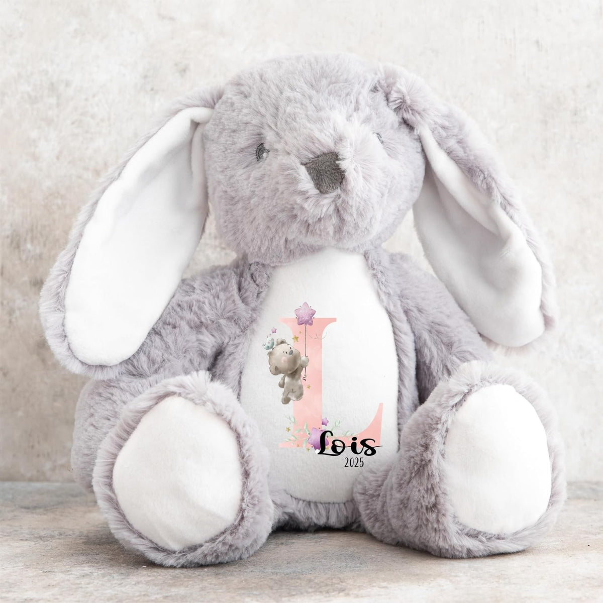 Crafted Memories - Personalised Teddy | Velveteen Bunny Soft Toy | Customisable Name for Newborns | Keepsake for Boys & Girls | Baby Shower Item | Pink Initial | Grey or White, 20-23cm