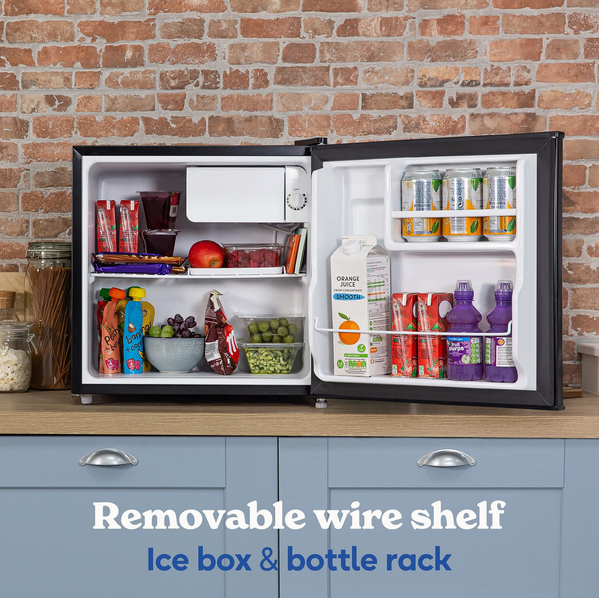 Russell Hobbs Table Top Larder Mini Fridge 43 Litre Capacity, Reversible Door & Adjustable Feet, Small Fridge, Manual Temperature Control, Ice Box, Black RHTTF0E1B