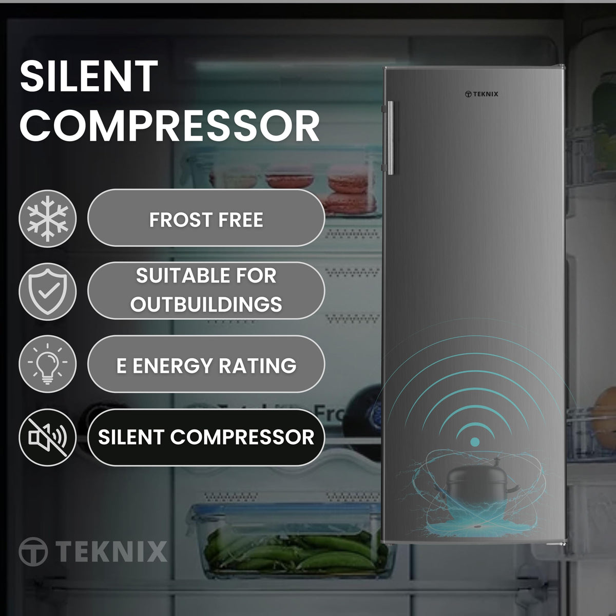 Teknix UC48F2W Freestanding Undercounter Freezer - 48cm Width / 60 Litre Capacity - Suitable for Outbuildings - 3 Large Compartments - 4 Star Freezer Rating - White