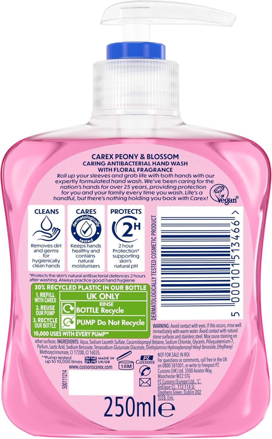 Carex 2 Hour Protection Antibacterial Peony and Blossom Hand Wash, Clean & Protect Hands, Bulk Buy, Pack of 6 x 250ml