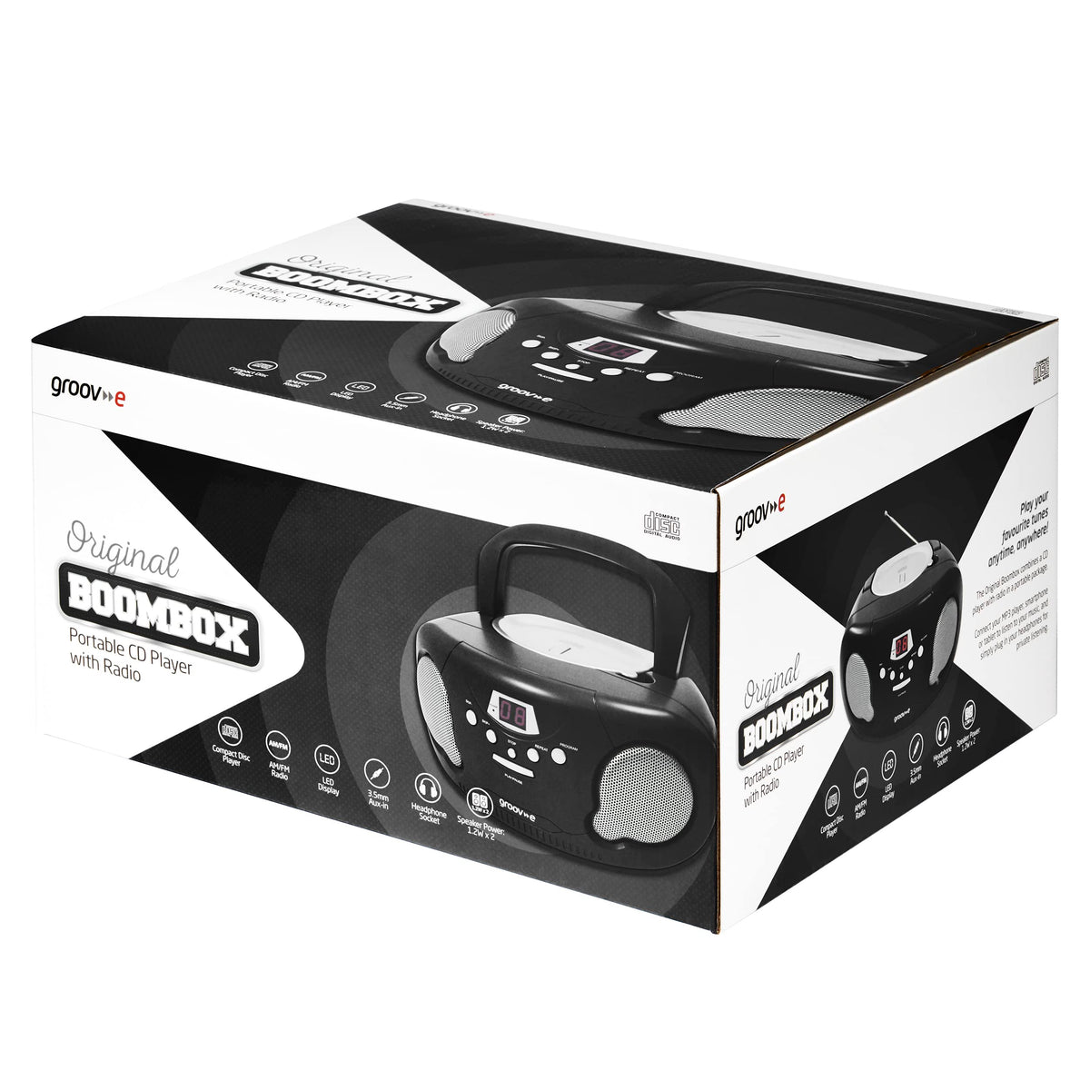Groov-e Original Boombox - Portable CD Player with Bluetooth, Radio, 3.5mm Aux Port, & Headphone Socket - LED Display, 2 x 1.2W Speakers - Battery or Mains Powered - Black