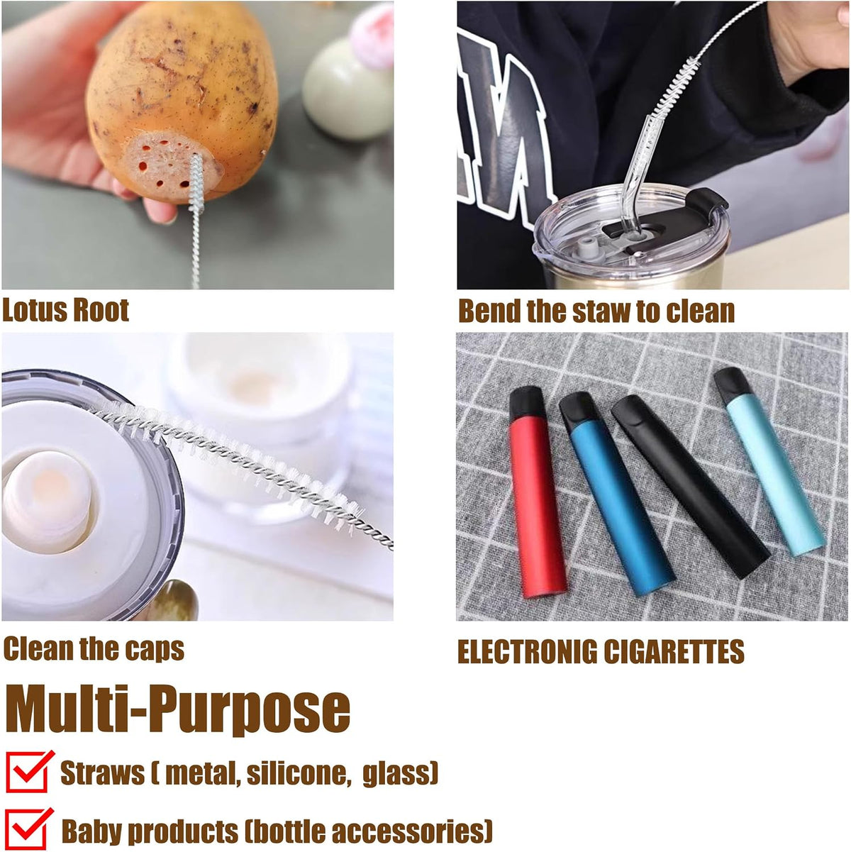 304 Stainless Steel Nylon Bristles Straw Cleaner Brush