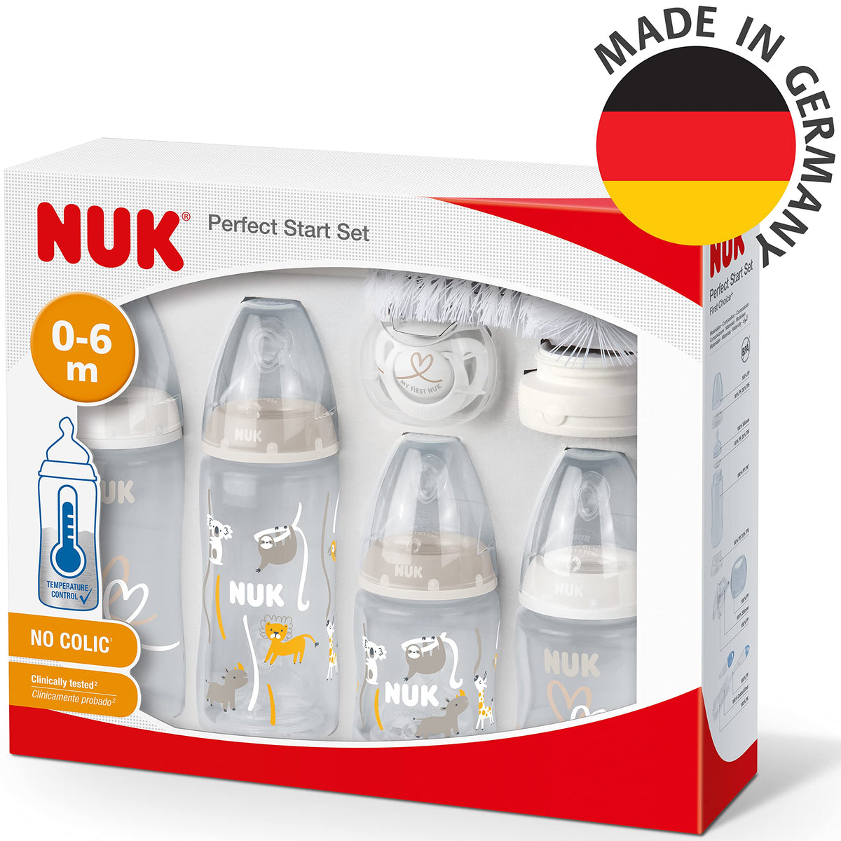 NUK First Choice+ Baby Bottles Set | 0-6 Months | Temperature Control | Anti Colic Vent | 300 ml | BPA-Free | Silicone Teat | 3 Count | Safari