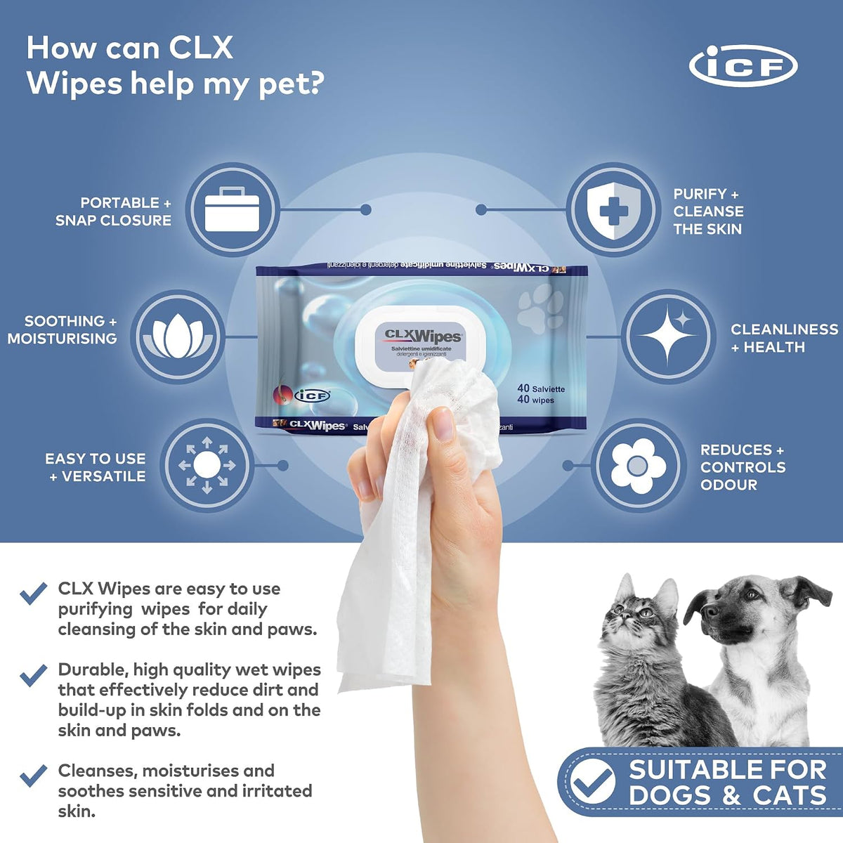 CLX Chlorhexidine Dog & Cat Wipes, Paw, Face & Skin Fold Cleaning, 40 Pack