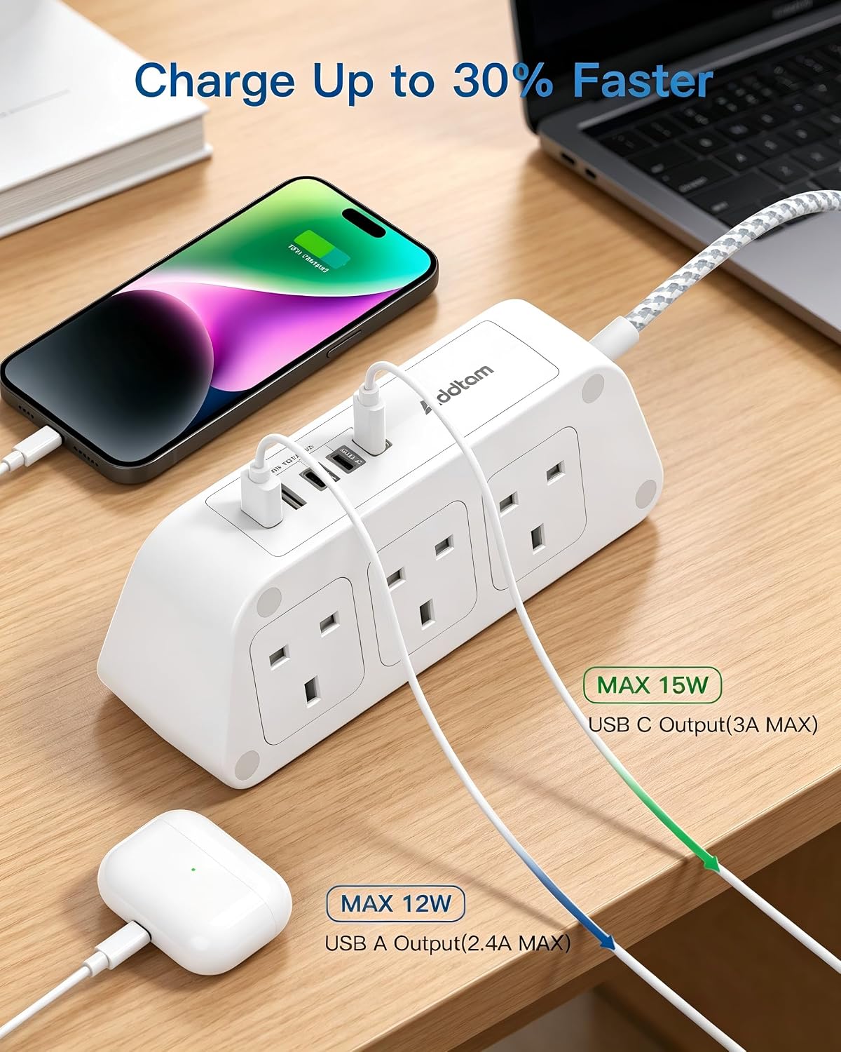 Addtam Extension Lead with USB Slots, 6 Way Outlets 5 USB(5A, 3USB- C Port)