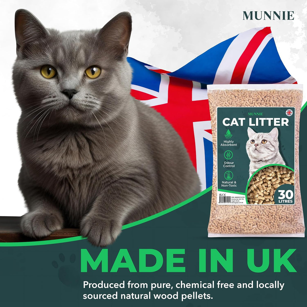 Munnie Cat Litter 30L – Biodegradable, Dust-Free, Unscented, Ultra-Absorbent Wood Pellets for Cats & Kittens, Natural Cat-Litter for Housetraining, Non-Clumping, Litter Granules, Pet-Safe