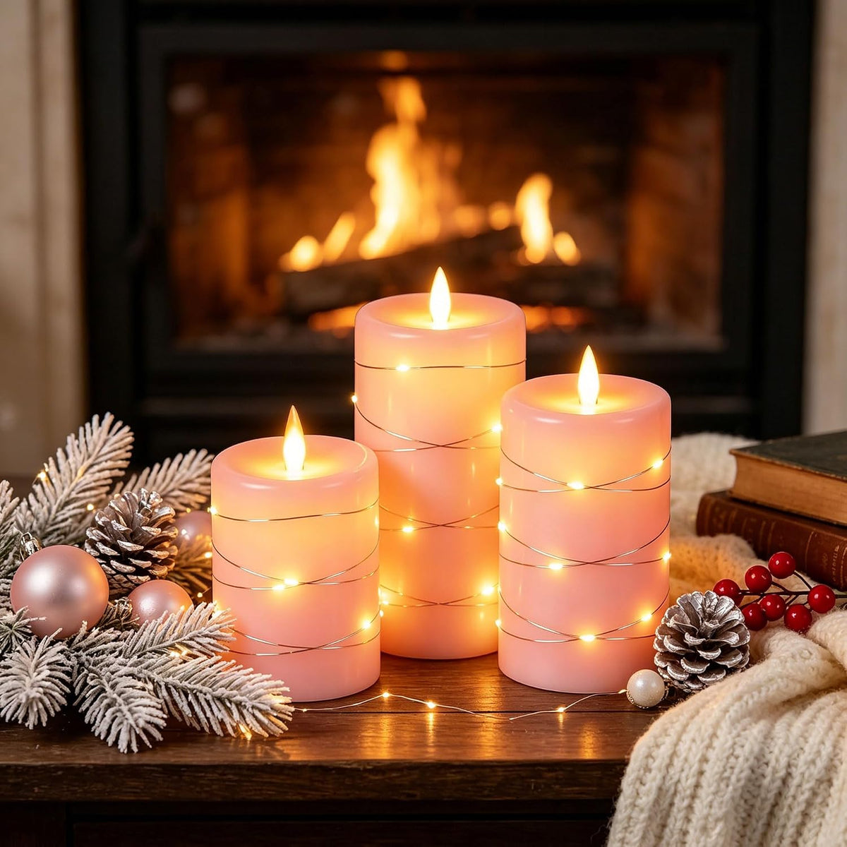 Da by 3 Pack Ivory Flameless LED Candles with Fairy Lights, Realistic Moving Flame Paraffin Wax Candles, Remote Control, Soft Warm Light, 8cm D x 12.5/14.5/16.5cm H, Indoor Wedding Home Decor