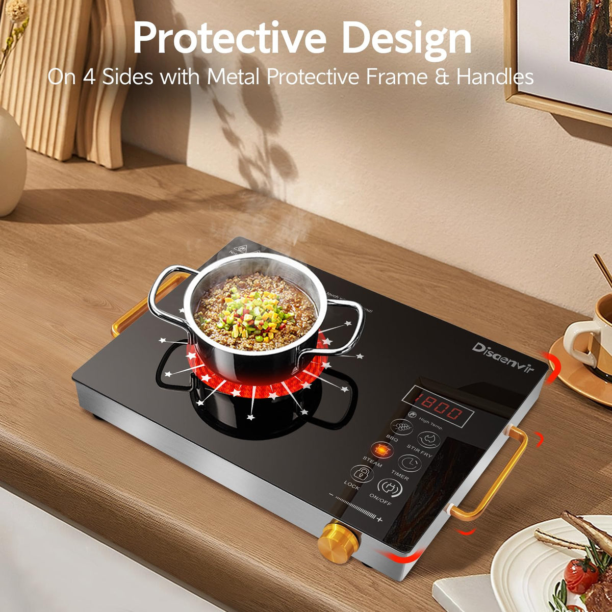 Double Ceramic Hob with Handle, Plug in 2 Ring Electric Hob