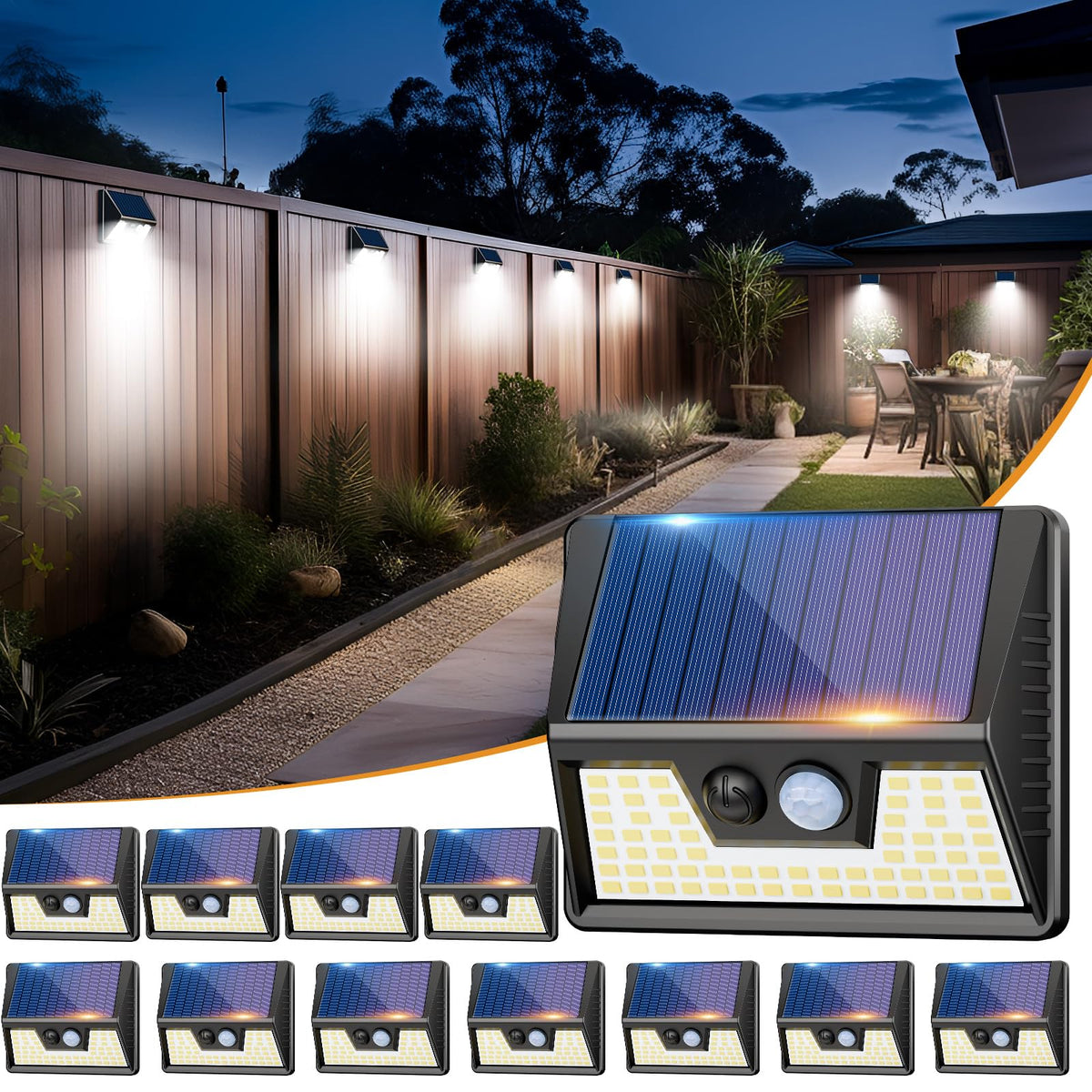 vighep Solar Security Lights Outdoor Motion Sensor, White 318LED Led Solar Powered Light with 3 Lighting Modes, IP65 Waterproof Wireless Pir Wall Light for Outside Garden Fence Yard-Warm White