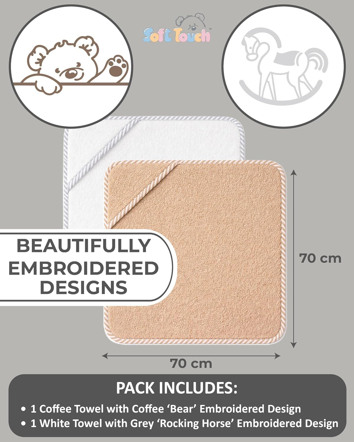 Soft Touch Newborn Essentials 100% Cotton Embroidered Hooded Baby Towel 70 x 70cm for Baby Boys and Girls 0-24 Months (2-Packs)