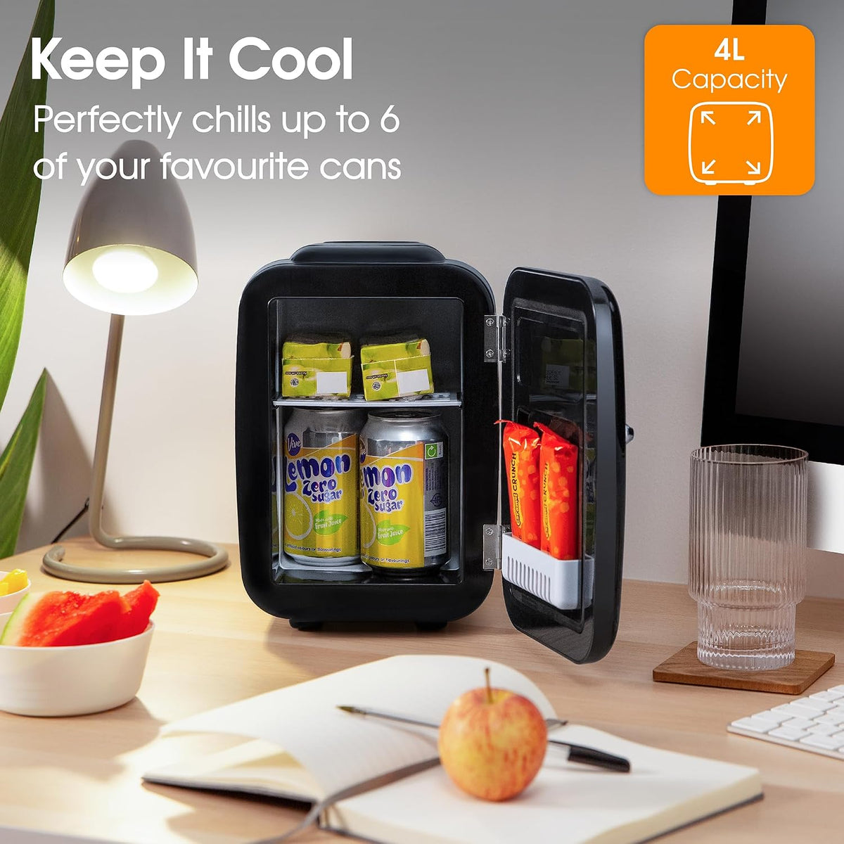 Abode Black Mini Fridge A4CLR201B 4L/6 Can Portable Thermoelectric Mini Cooler & Warmer for Drinks, Cosmetics/Makeup/Skincare, AC/DC Power, Retro Style, For Bedroom, Home, Caravan, Car