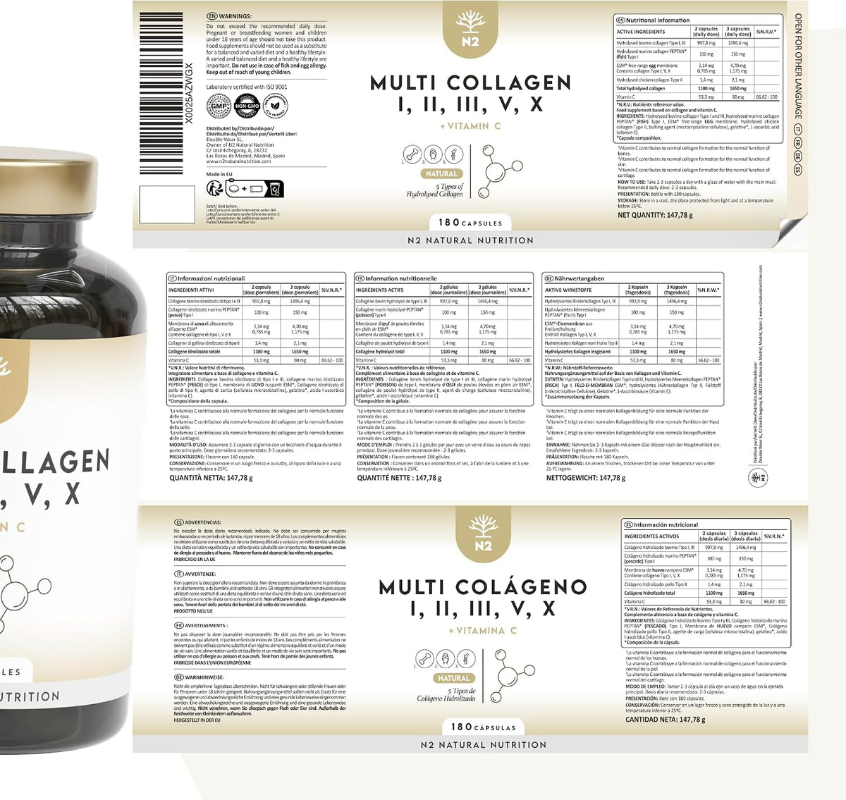 Multi Collagen 1650mg Type I, II, III, V, X. Bovine & Marine Collagen Peptides. 180 Capsules Enhanced with Vitamin C. High Strength Collagen for Joints, Hair and Skincare. N2 Natural Nutrition