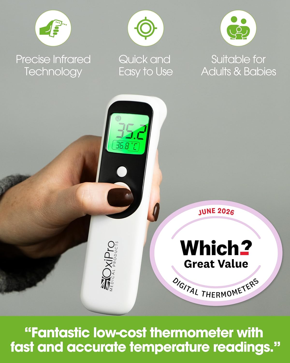 OxiPro TH1 Thermometer - Which? and Health & Pharma Award Winner 2026 - In-Ear, Forehead, Non-Touch & Baby Modes - Infrared Thermometer for Newborn, Baby, Kids, Children & Adult Temperature