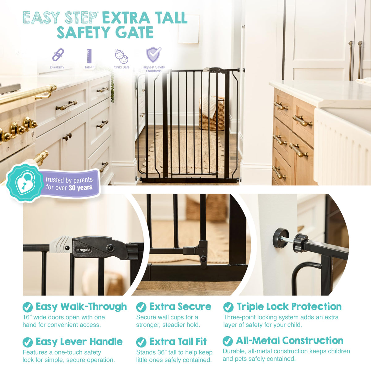 Regalo Safety 91.4cm Extra Tall Baby Gate for Doorways & Bottom of Stairs, Fits Openings 73.6-90cm (Extension Included), Pressure Mounted for Babies, Toddlers & Pets