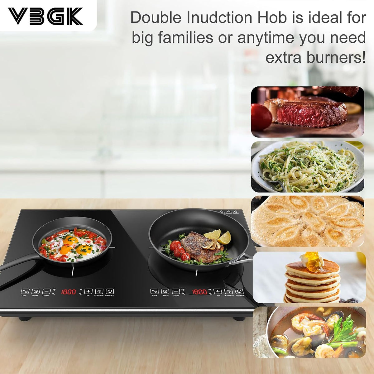 VBGK Double Electric Hob, 220V 3600W Ceramic Hob with Handle, Electric Hot Plate with 9 Power Levels, Child Safety Lock, Timer,Knob and Touch Control, 2 Burner Cooktop
