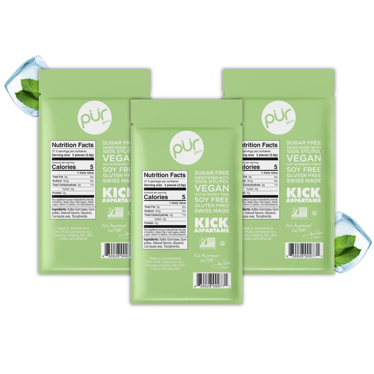 PUR Gum, Spearmint, Xylitol Gum, No Artificial flavour, 55 Count