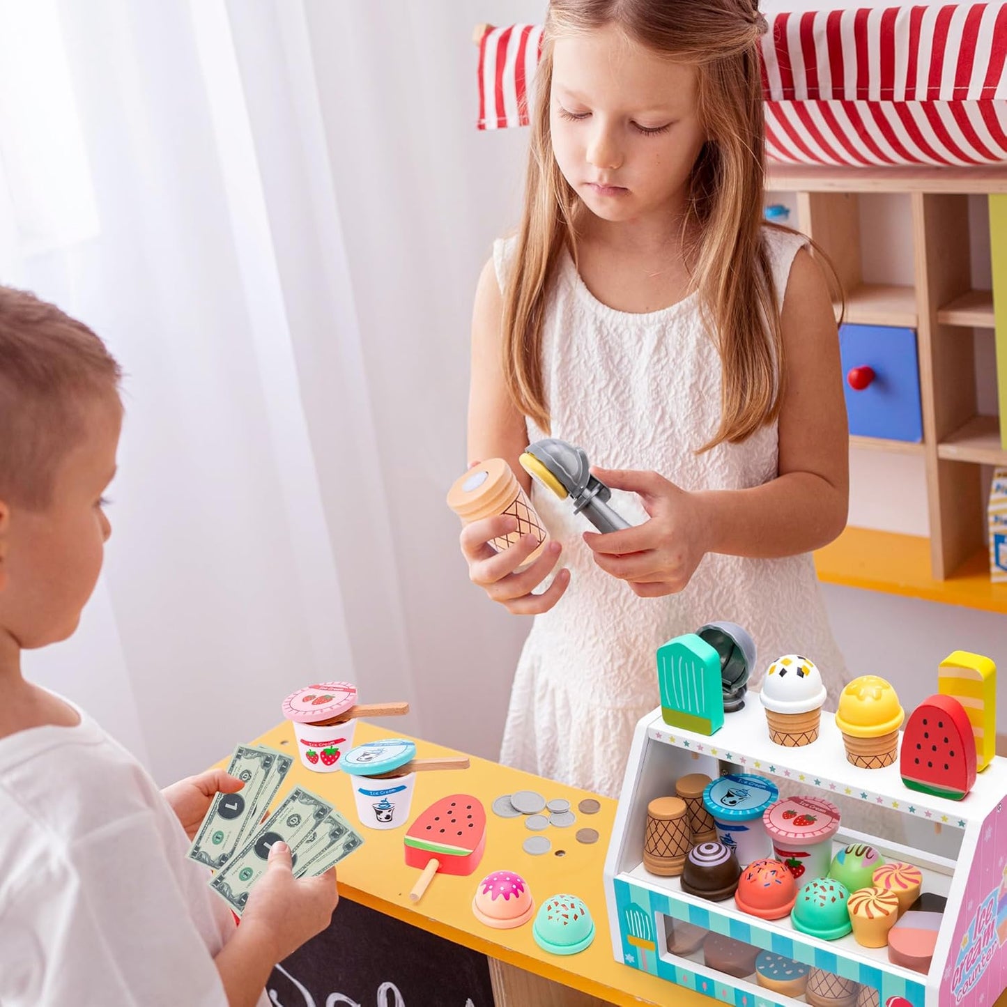 WIKITOT Ice Cream Toys for Kids, 51 Pieces Wooden Ice Cream Cart Role Play Toys for 3 to 7 Year Old Girls Boys Bithday Gifts