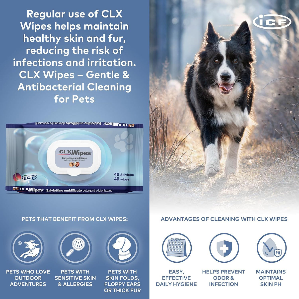 CLX Chlorhexidine Dog & Cat Wipes, Paw, Face & Skin Fold Cleaning, 40 Pack