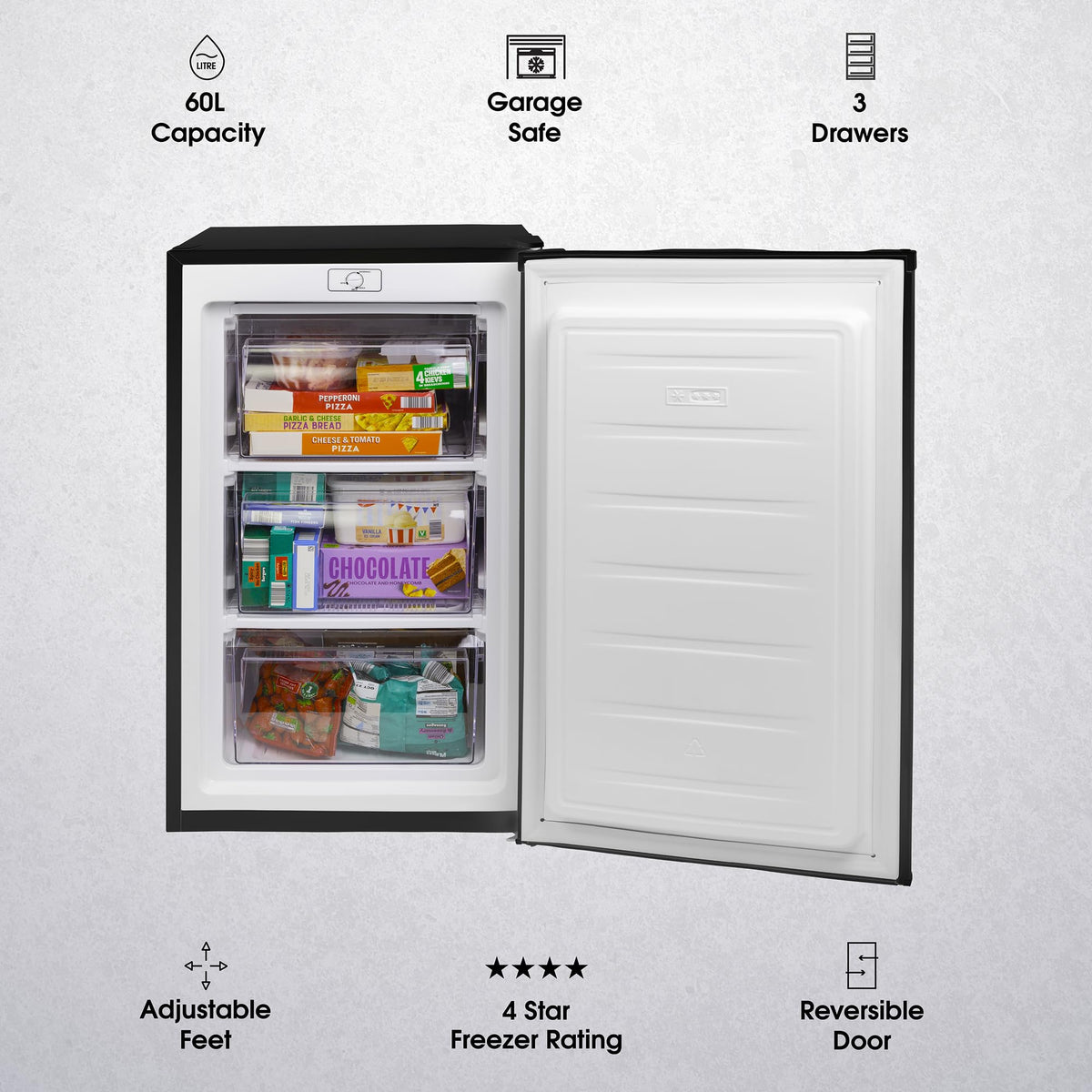 Abode Under Counter Freezer 55cm Wide Freestanding White 91 Litre with 4 Drawers, Adjustable Feet & Reversible Door, 4 Star Freezer, Suitable for Garages & Outbuildings A85UCFZ552E1W (White, 55 cm)