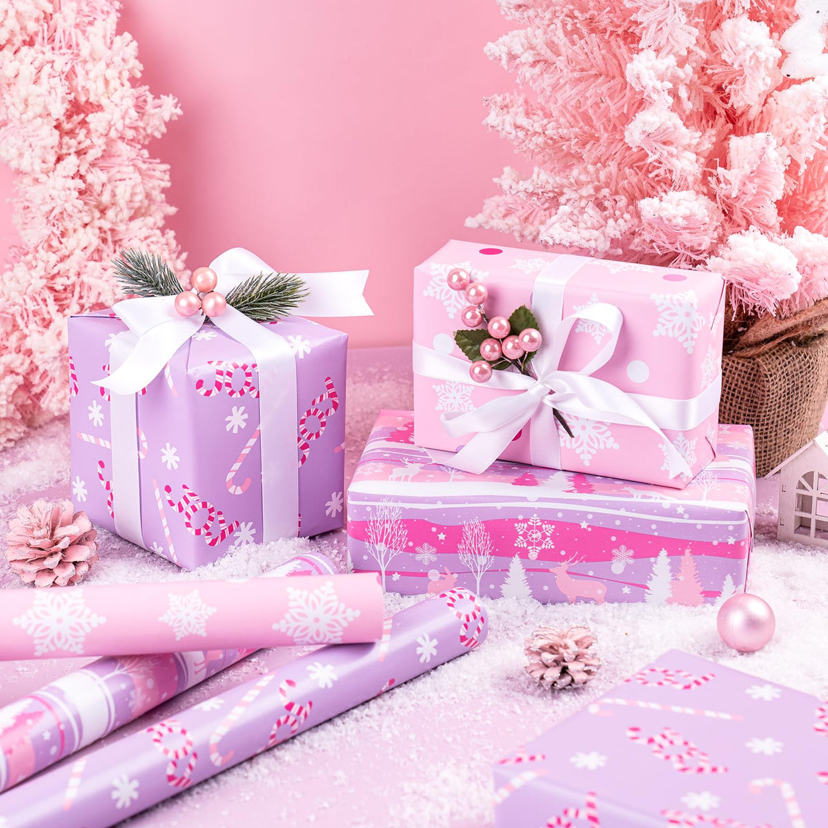 RUSPEPA Christmas Wrapping Paper Roll - Mini Roll - 3 Rolls - 43.2cm x 3m Per Roll - Bird, Christmas Garland, Holly and Pinecones Holiday Design with Metallic Foil Shine