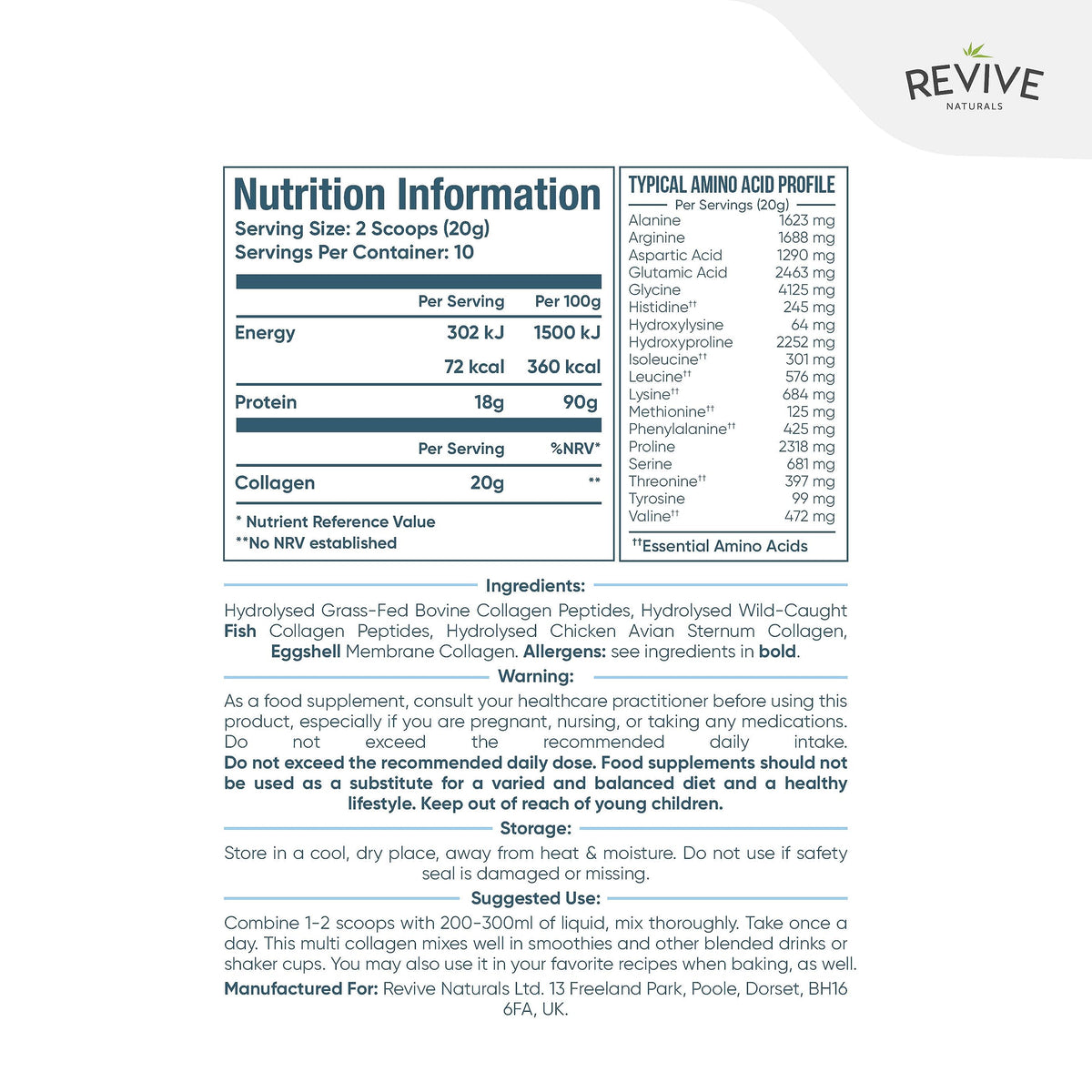 Multi Collagen Protein Powder 400g - Types I, II, III, V & X - Hydrolyzed Grass Fed Bovine, Wild Caught Fish, & Free-Range Chicken & Eggshell Collagen by Revive Naturals