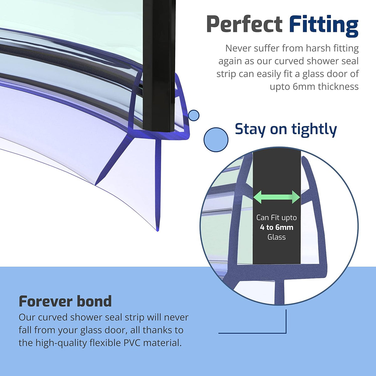 NYCENT Pre Curved Shower Door Seal Strip for 4-6mm Curved Glass – 90cm Long Pre Curved Shower Screen Seal Strip that Covers up to 20mm Gap - Perfect Transparent Shower Screen Seal Replacement