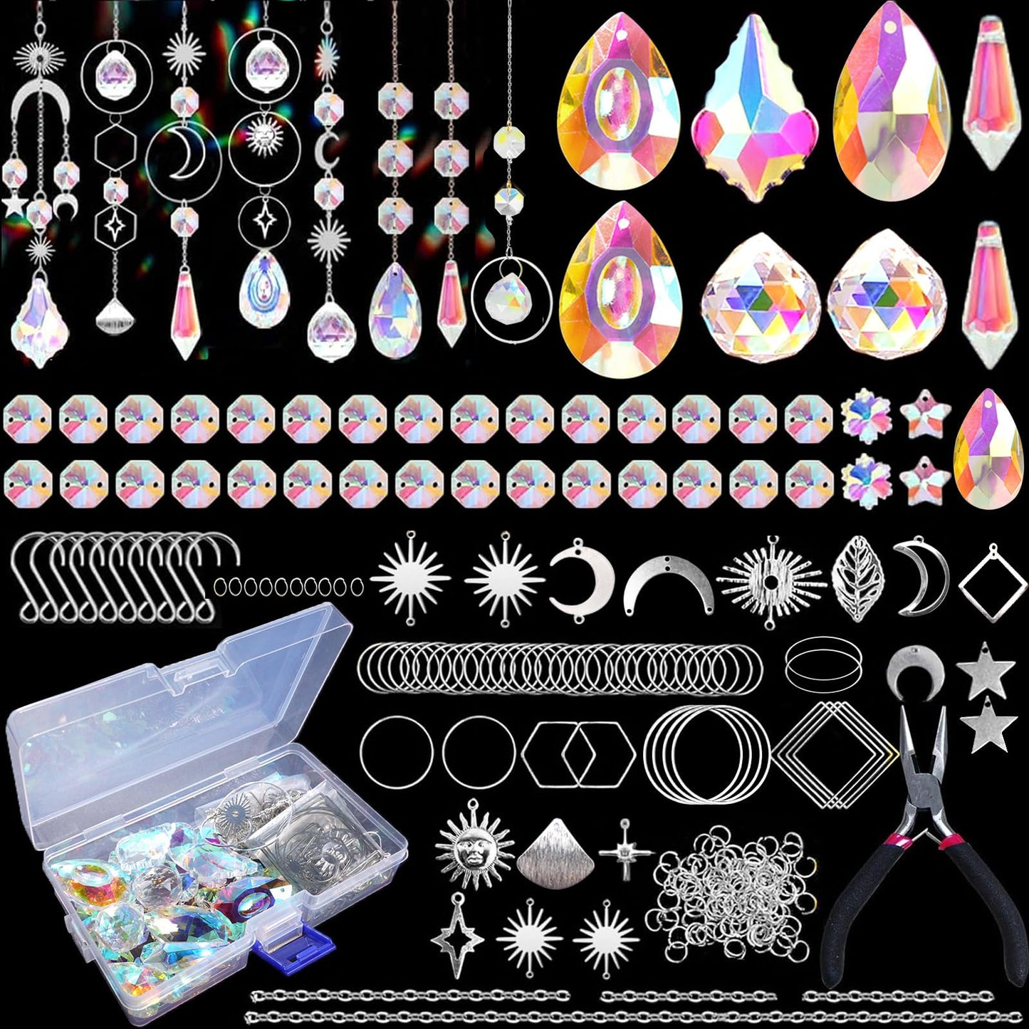 240PCS DIY Sun Catchers Making Kits for Adults, Crystal Suncatchers Kit with Colourful Prism Pearl Rainbow Maker for Windows, Hanging, Indoor, Outdoor, Garden Decor (Silver)