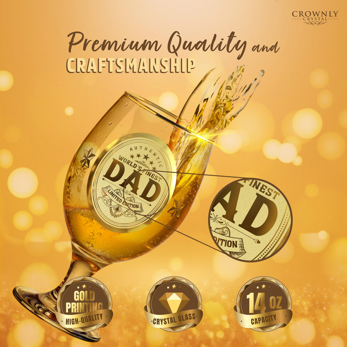 Crownly Crystal® Gold Birthday Gifts: Dad's Beer Glasses
