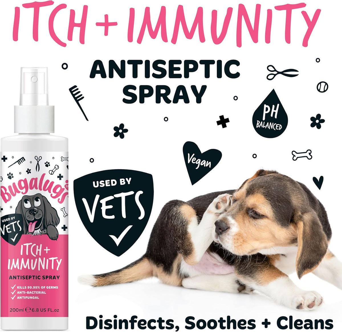 BUGALUGS Itch & Immunity Antiseptic Spray – Helps Soothe Itchy Skin, Paws, Ears - Licking, Scratching - Perfect for Small, Medium & Large Dogs