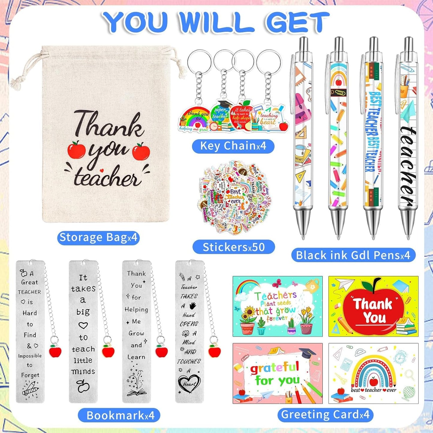 70 Pcs Teacher Appreciation Gifts Bulk Thank You Teacher Gifts with Bookmarks Keychain Ballpoint Pens Drawstring Bags and Stickers Ideal Gifts from Students for Graduation or Teacher Appreciation Week