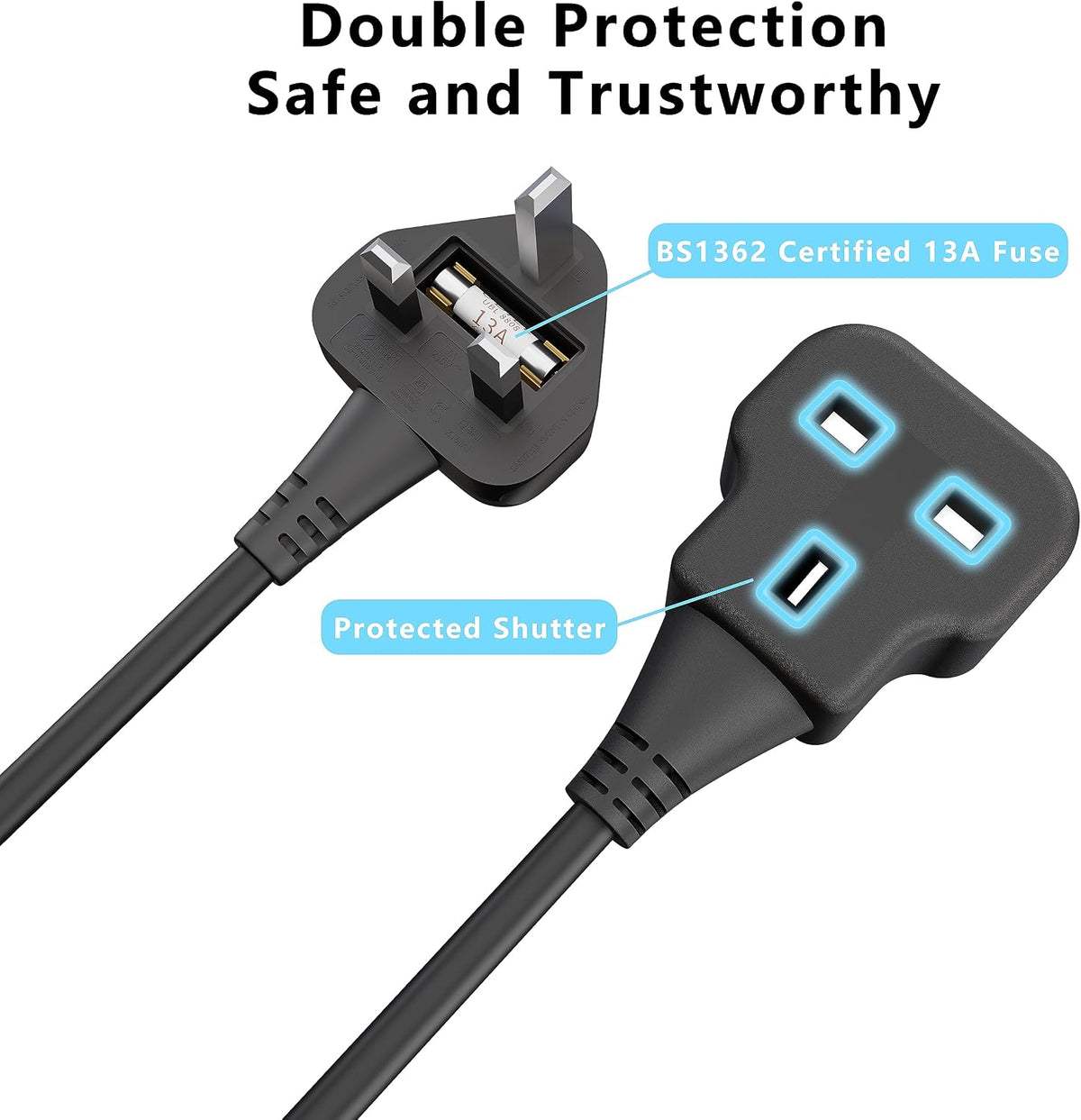 LIPWEL Outdoor Extension Lead 15m Extra Long Cable UK 13A Fused Plug Extension Socket Black 1 Way Socket Outside Using for Garden
