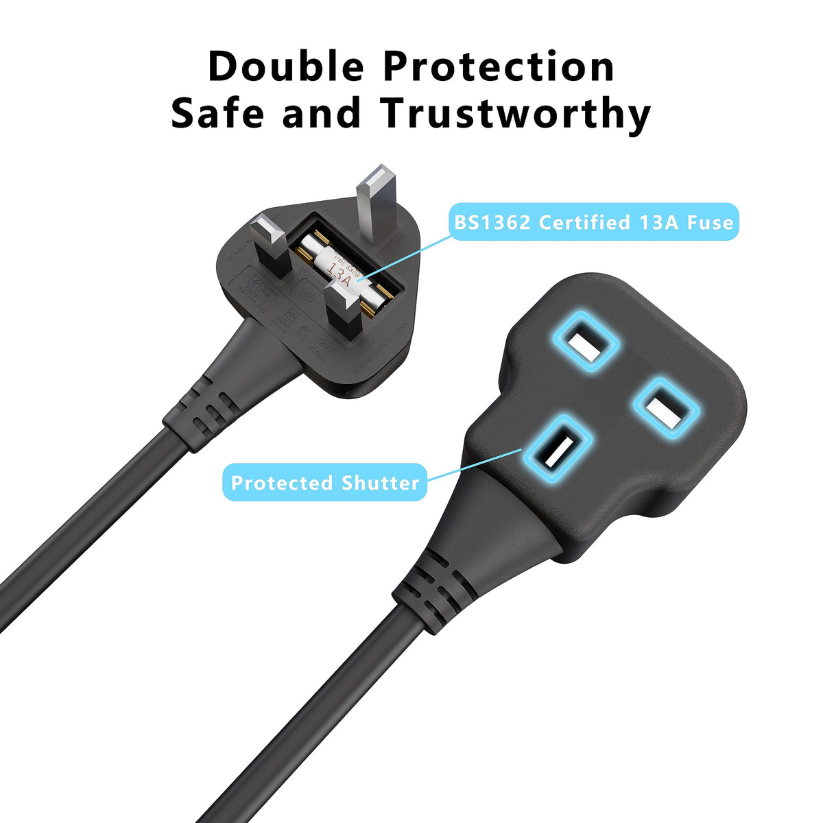 LIPWEL Outdoor Extension Lead 15m Extra Long Cable UK 13A Fused Plug Extension Socket Black 1 Way Socket Outside Using for Garden