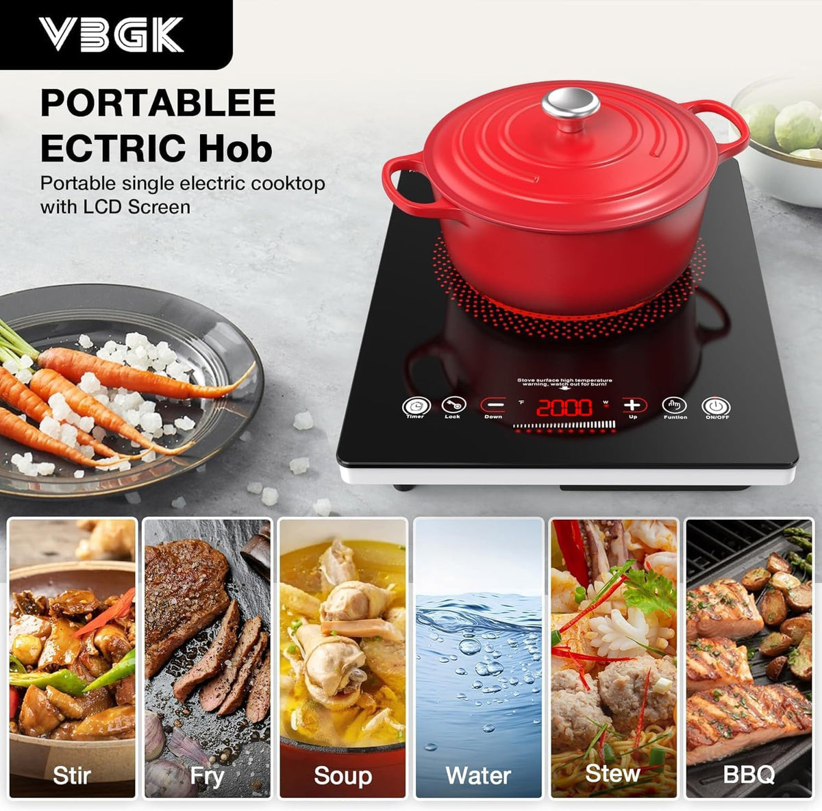 VBGK Double Electric Hob, 220V 3600W Ceramic Hob with Handle, Electric Hot Plate with 9 Power Levels, Child Safety Lock, Timer,Knob and Touch Control, 2 Burner Cooktop