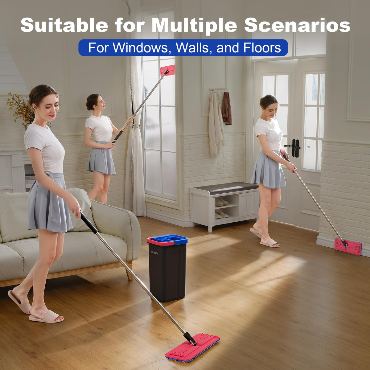 JOYMOOP Mop and Bucket with Wringer Set, Hands Free Flat Floor Mop and Bucket, with 3 Washable Microfiber Pads, Wet and Dry Use, Floor Cleaning System